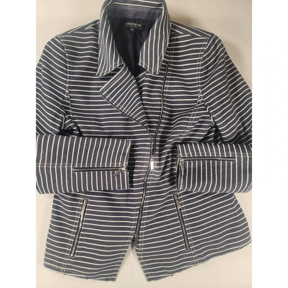 Lafayette 148 New York Striped Moto Jacket Size‎ 10 Asym Zip Raw Hem
